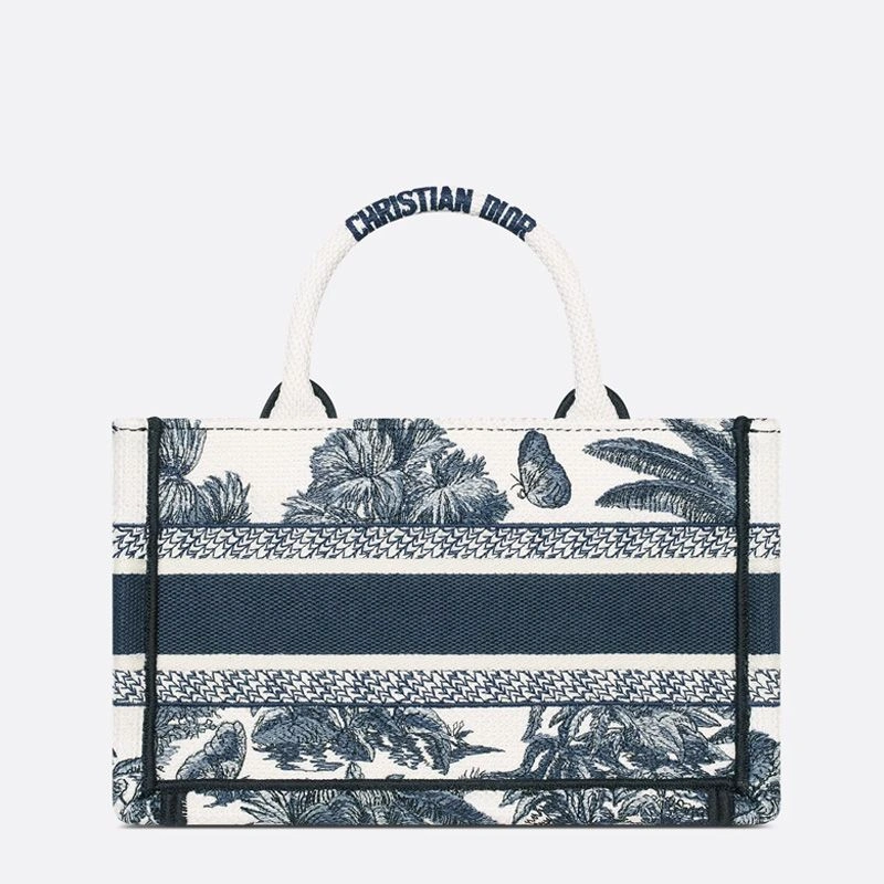 AllSeason 9371 Mini Dior Book Tote with Strap In Toile de Jouy Palms Motif Canvas White Blue - Image 3