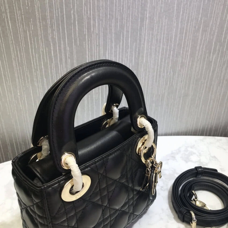 Removable Christian Dior Mini Lady Dior Bag Black Cannage Lambskin - Image 5
