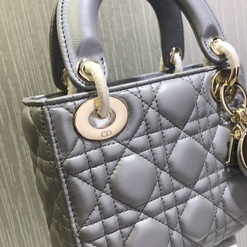 17 x 15 x Christian Dior Mini Lady Dior Bag Grey Cannage Lambskin - Image 11