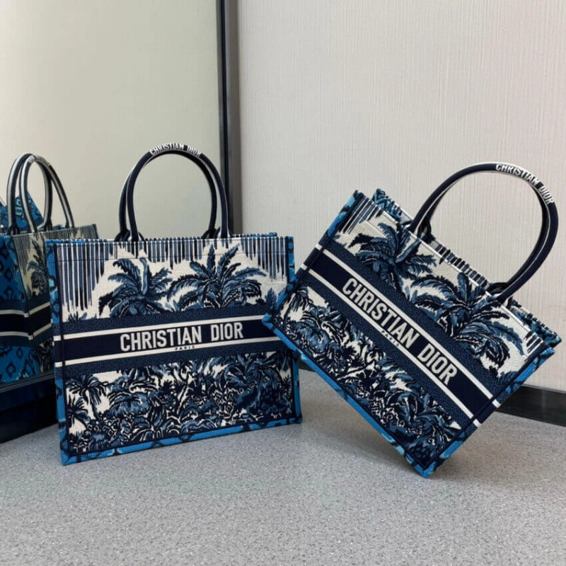 The Dior B Christian Dior Small Book Tote in Blue Palms Embroidery - Image 12