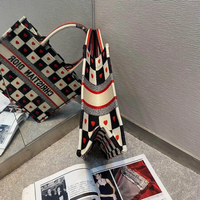 Black, Wh Christian Dior Small Dioramour Book Tote D-Chess Heart Embroidery - Image 8