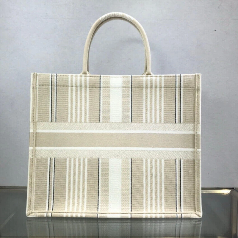 'Christia Dior Book Tote Beige Stripes Embroidery - Image 3