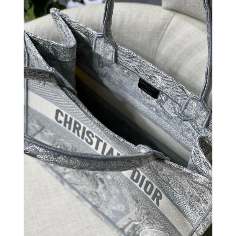 'CHRISTIAN Dior Small Book Tote Gray Toile de Jouy Reverse Embroidery Grey - Image 9