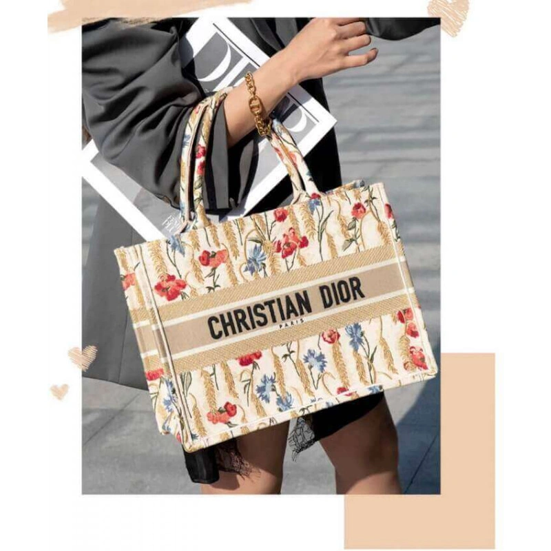 The Dior B Dior Small Book Tote in Beige Multicolor Hibiscus Metallic Thread Embroidery - Image 4