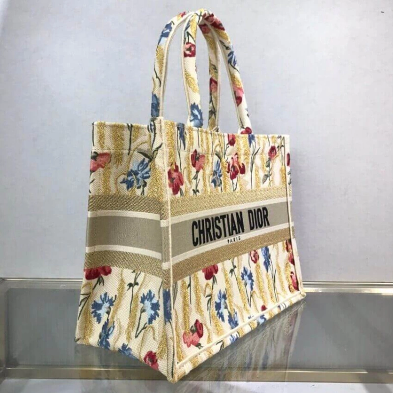 The Dior B Dior Small Book Tote in Beige Multicolor Hibiscus Metallic Thread Embroidery - Image 9