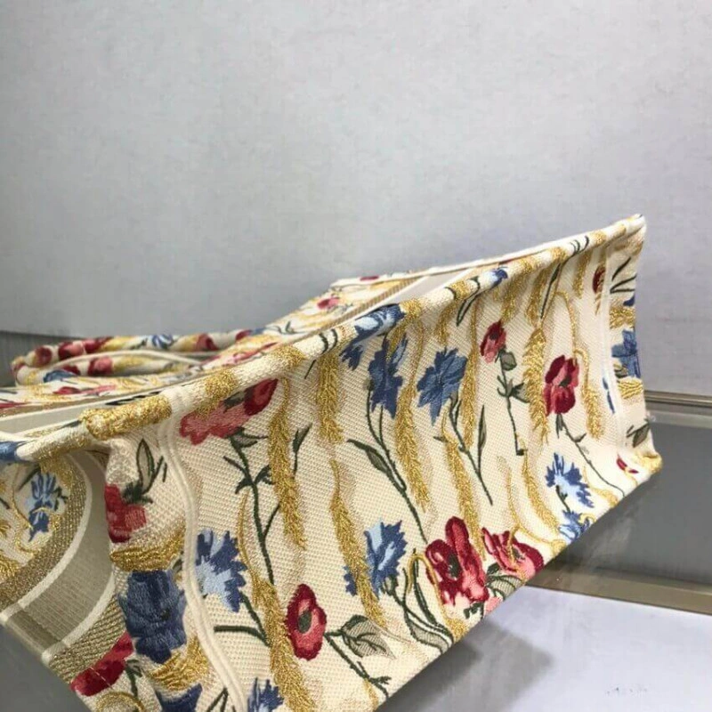 The Dior B Dior Small Book Tote in Beige Multicolor Hibiscus Metallic Thread Embroidery - Image 11