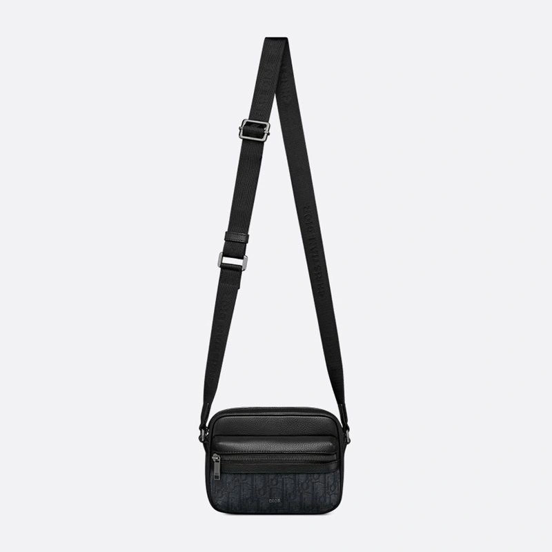 Mini Dior Rider 2.0 Zipped Messenger Bag In Grained Calfskin and Oblique Motif Canvas Black EasyMatch 9562