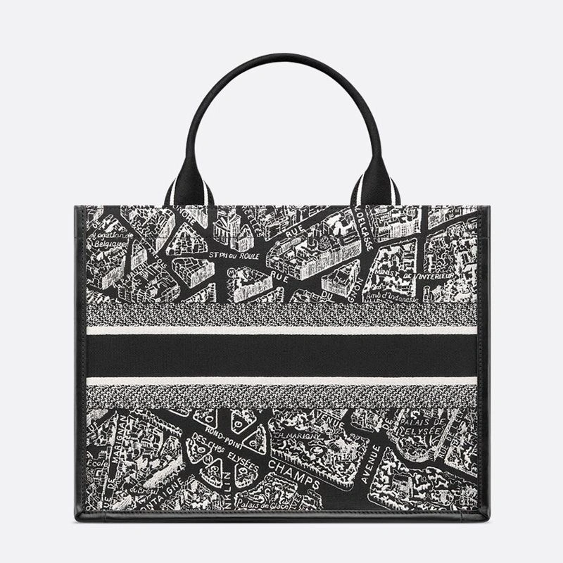 NewStyle 5945 Dior Book Tote with Strap In Plan de Paris Motif Canvas and Calfskin Black - Image 3