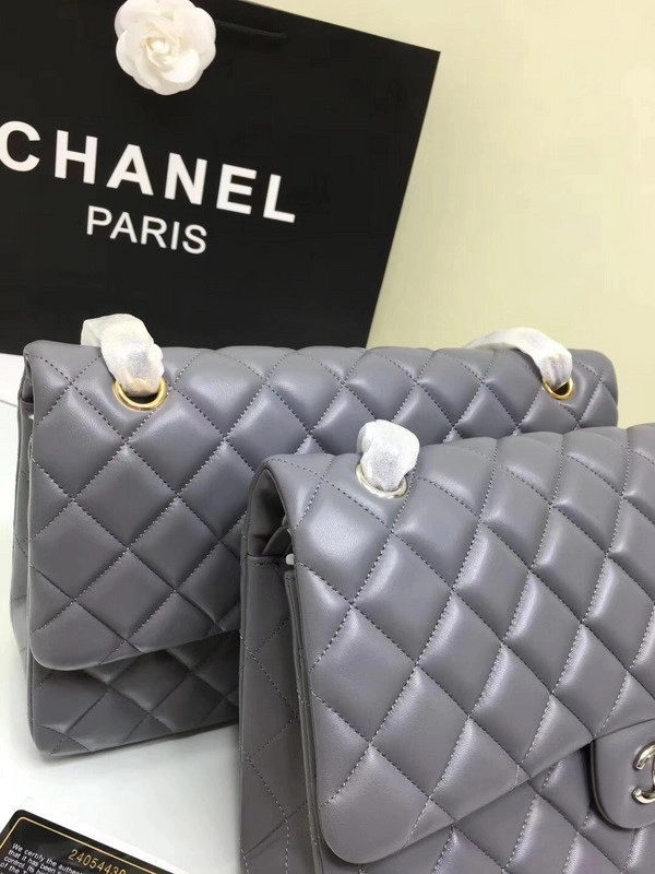 Fashionable CHANEL 1112 Grey Large Size 30cm Lambskin Leather Flap Bag With Gold Silver Hardware 841 - Image 8