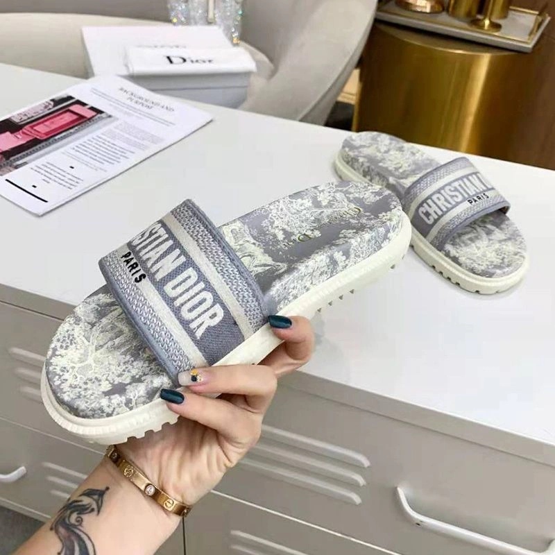 Christian Dior Dway Slides Women Toile De Jouy Motif Cotton Grey - Image 3