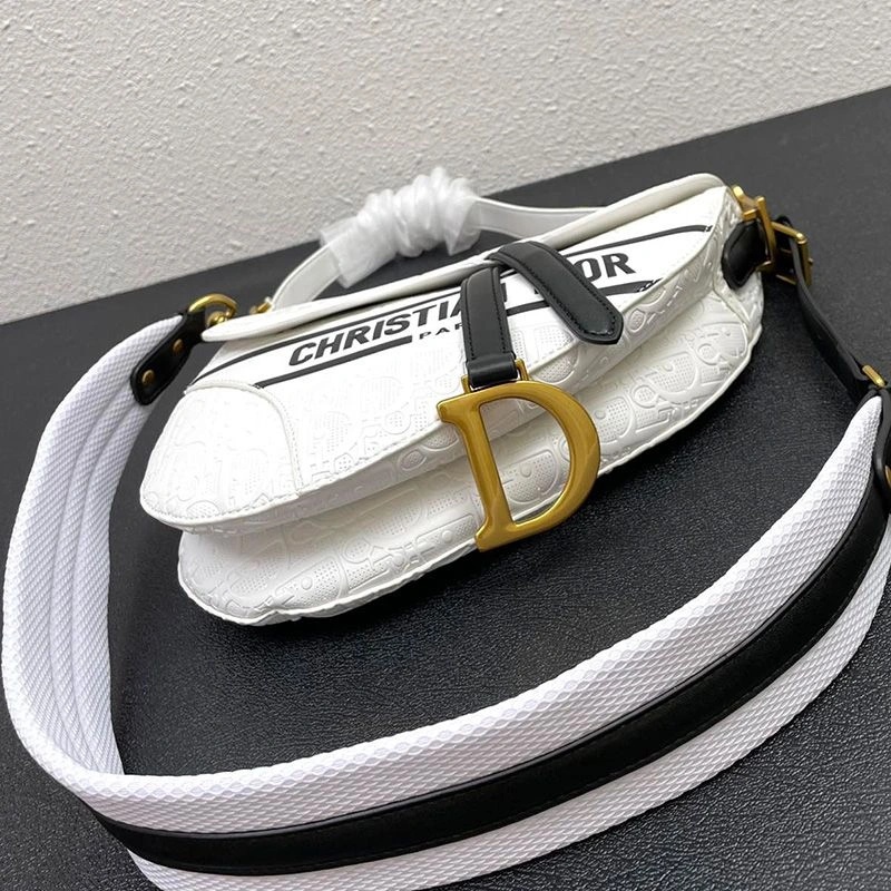 Christian Dior Saddle Bag Oblique Embossed Calfskin White Black - Image 3
