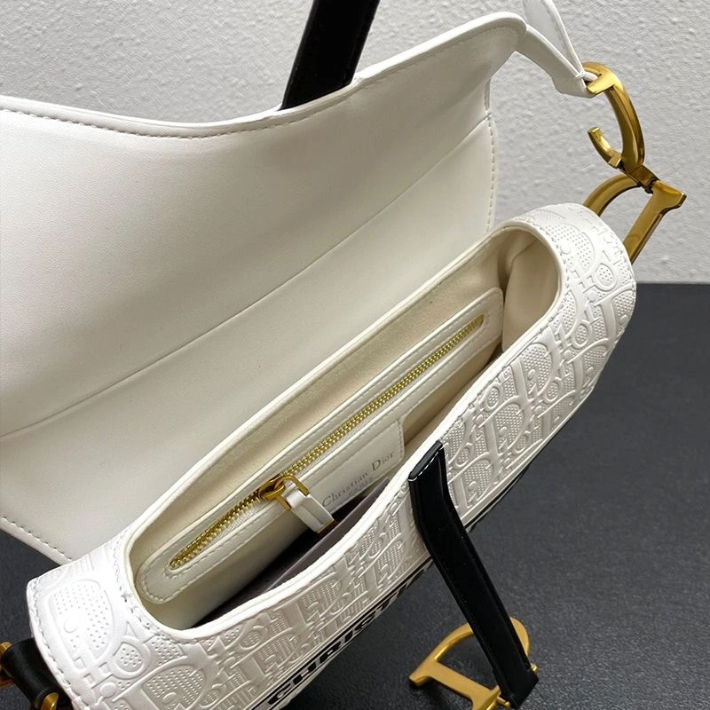 Christian Dior Saddle Bag Oblique Embossed Calfskin White Black - Image 4