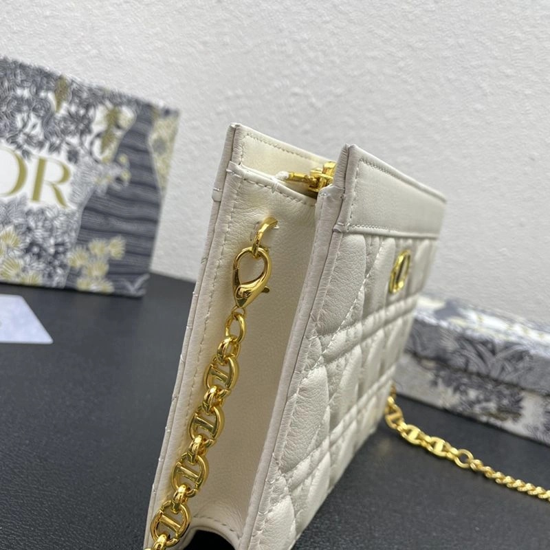 Dior Caro Zipped Pouch with Chain Cannage Calfskin White - Image 3