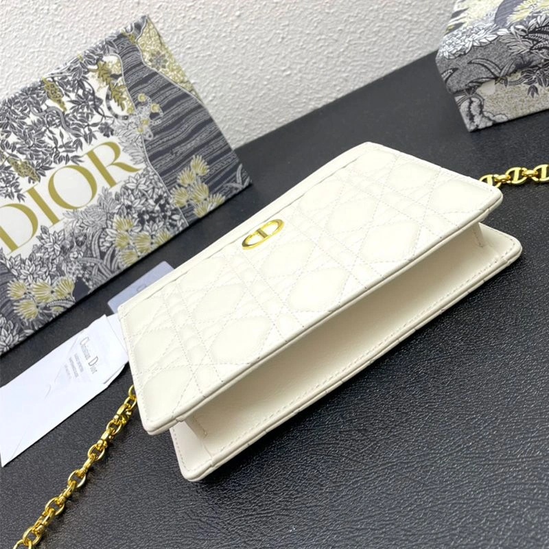 Dior Caro Zipped Pouch with Chain Cannage Calfskin White - Image 4