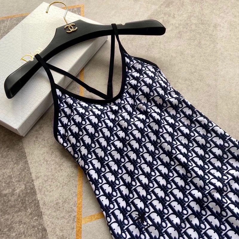 Dior Crisscross Swimsuit Women Oblique with Bee CD Motif Lycra Navy Blue - Image 3