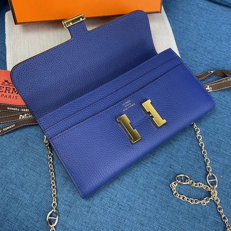 Hermes Constance Wallet with Chain Togo Leather Gold Hardware In Blue - Image 3