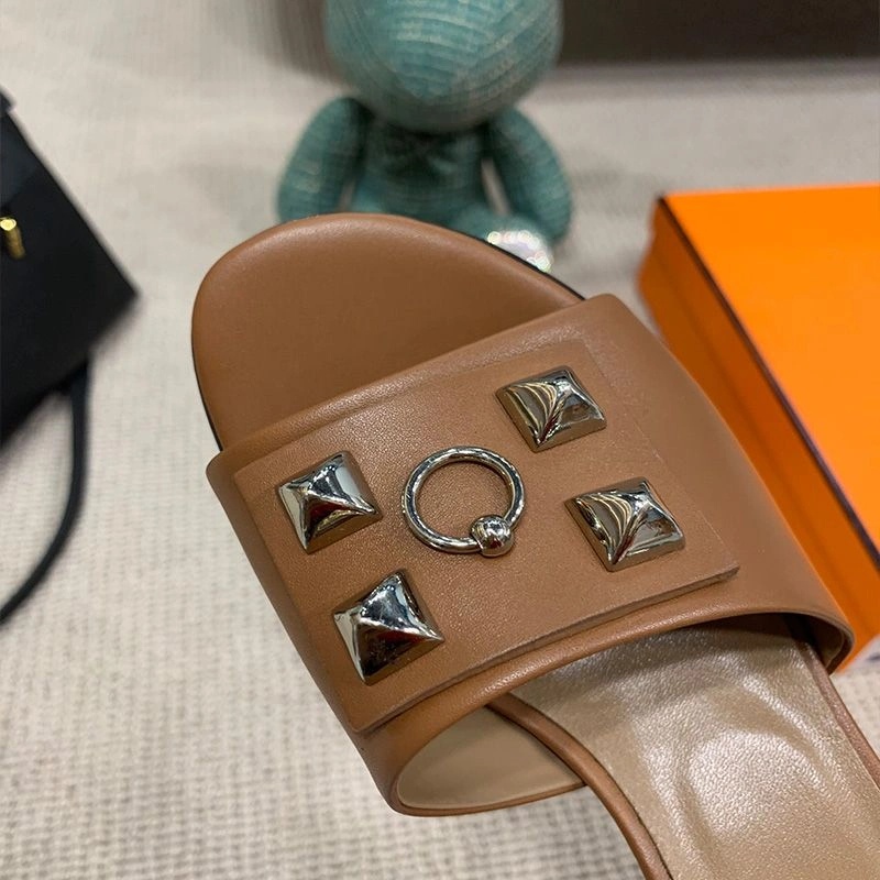 Hermes Dreamy Heeled Slides Women Calfskin In Brown - Image 3