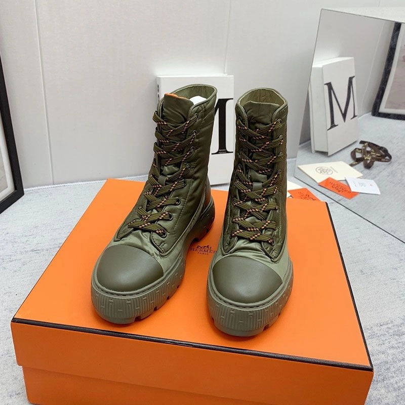 Hermes Fresh Ankle Boots Women Calfskin and Parachute with Logo Emblem In Green - Image 3