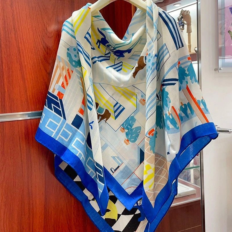 Hermes Horse Club Detail Shawl 140 In Blue - Image 3