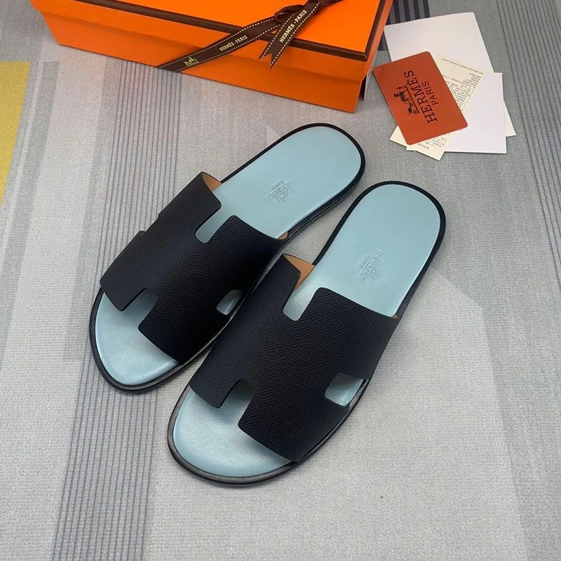 Hermes Izmir Slides Men Calfskin In Black Blue - Image 3