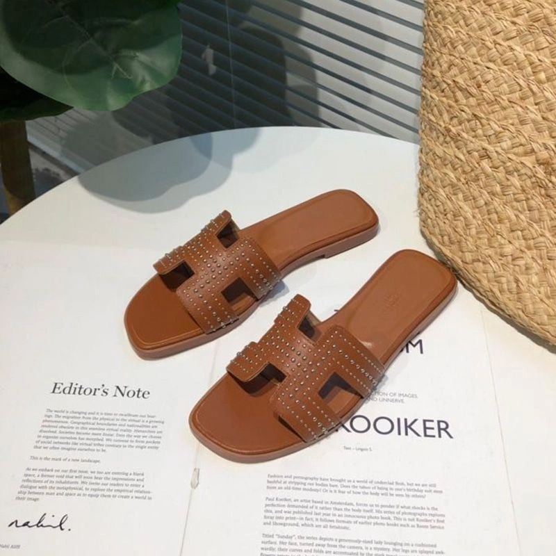 Hermes Oran Slides Women Palladium Studs Calfskin In Brown - Image 3