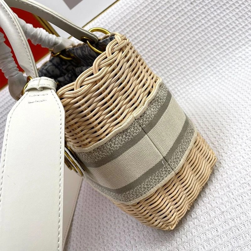 Medium Lady Dior Bag Wicker and Oblique Motif Canvas Grey - Image 3