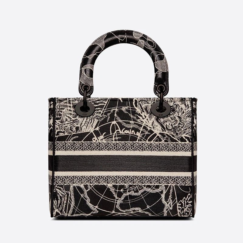 Medium Lady D-lite Bag Around the World Motif Canvas Black - Image 3